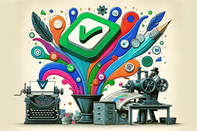 Illustration of content creation tools like ClickUp, Grammarly, and WordPress